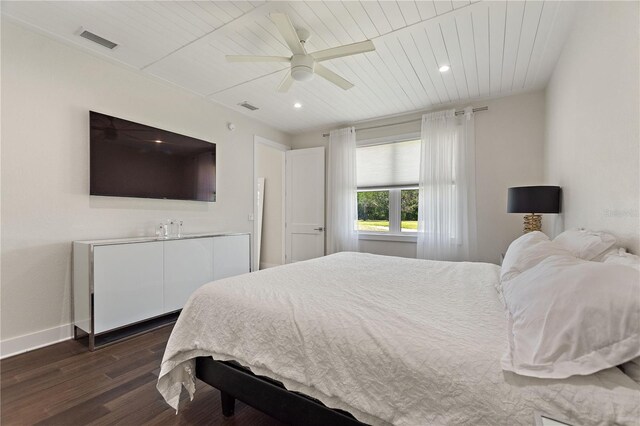 bedroom with wood ceiling, dark wood-style flooring, visible vents, baseboards, and recessed lighting