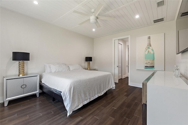 bedroom featuring wood ceiling, visible vents, baseboards, dark wood-style floors, and recessed lighting