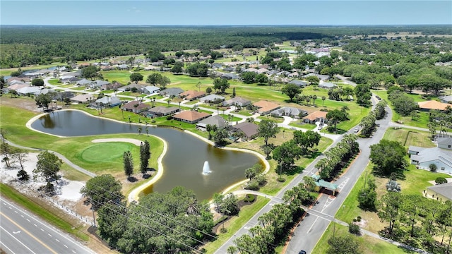 aerial view with a water view, golf course view, and a residential view