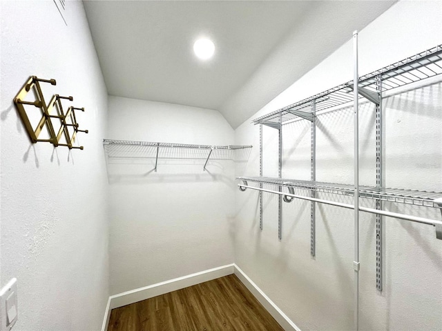 walk in closet featuring vaulted ceiling and dark wood finished floors
