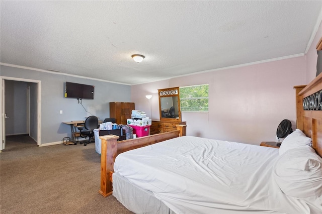 carpeted bedroom featuring a textured ceiling, ornamental molding, and baseboards