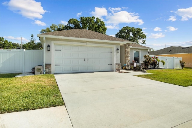view of front of house featuring concrete driveway, fence, stone siding, and a front lawn