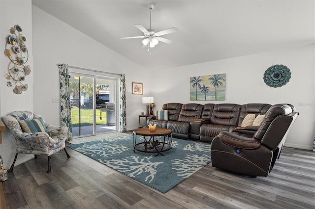 living room featuring baseboards, a ceiling fan, high vaulted ceiling, and wood finished floors