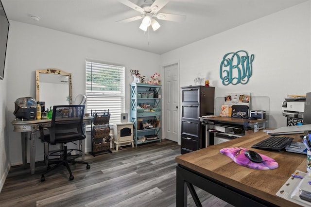 office space featuring a ceiling fan and wood finished floors