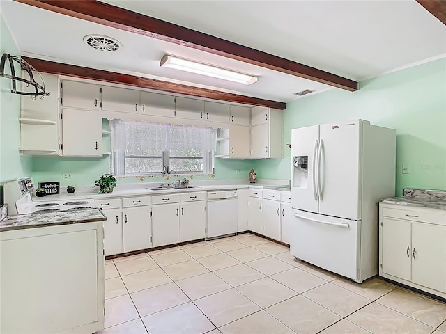 kitchen with open shelves, beam ceiling, white appliances, light countertops, and white cabinetry