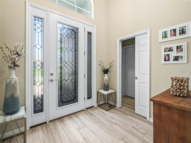 entrance foyer featuring baseboards, plenty of natural light, and light wood-style flooring