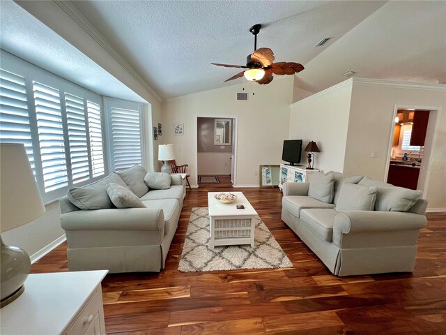 living room with visible vents, wood finished floors, ceiling fan, a textured ceiling, and vaulted ceiling