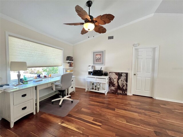 office area featuring visible vents, a ceiling fan, dark wood finished floors, and vaulted ceiling