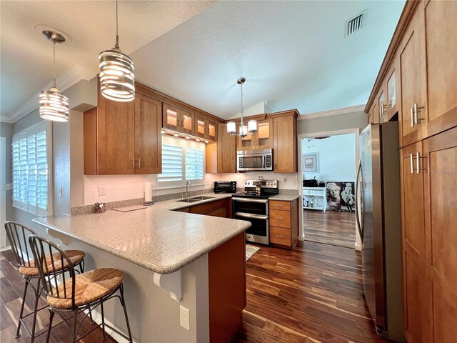 kitchen with dark wood-style flooring, appliances with stainless steel finishes, a sink, a peninsula, and visible vents
