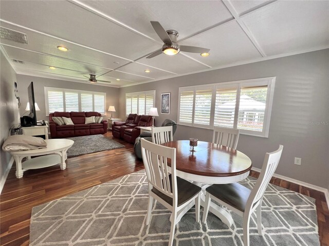dining space with visible vents, recessed lighting, ceiling fan, and wood finished floors