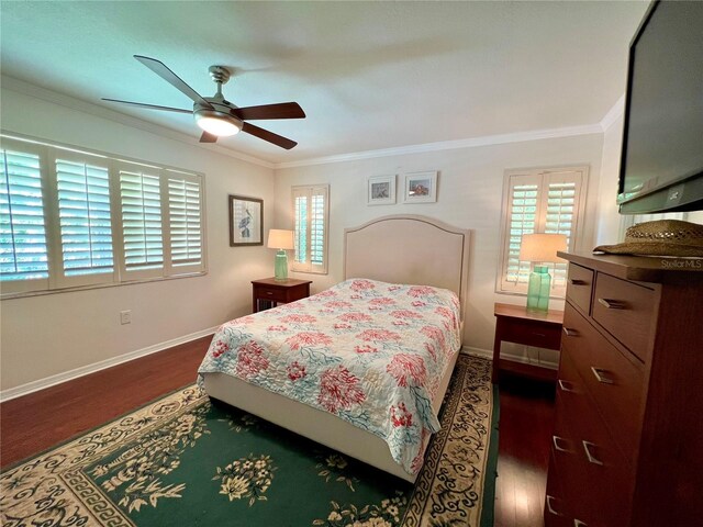 bedroom with multiple windows, ornamental molding, and dark wood-type flooring