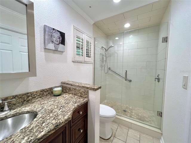 bathroom with vanity, toilet, tile patterned flooring, and a stall shower