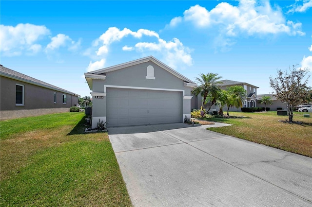 ranch-style house featuring stucco siding, a front lawn, driveway, and an attached garage