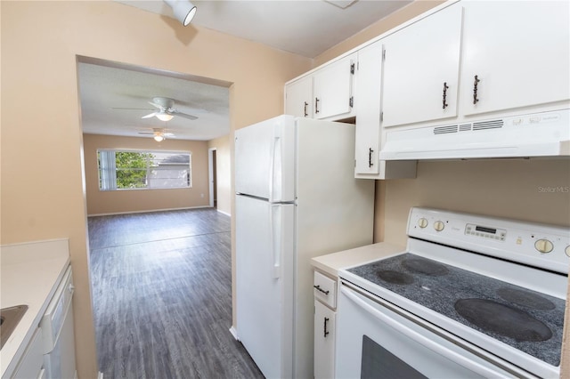 kitchen featuring ceiling fan, under cabinet range hood, white appliances, white cabinetry, and dark wood-type flooring