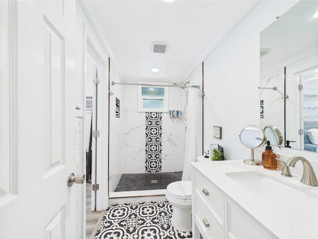 2222 12th St NW, Winter Haven, FL 33881 - full bathroom featuring a marble finish shower, ornamental molding, toilet, vanity, and recessed lighting