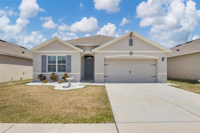ranch-style home with a garage, a front lawn, stucco siding, and concrete driveway