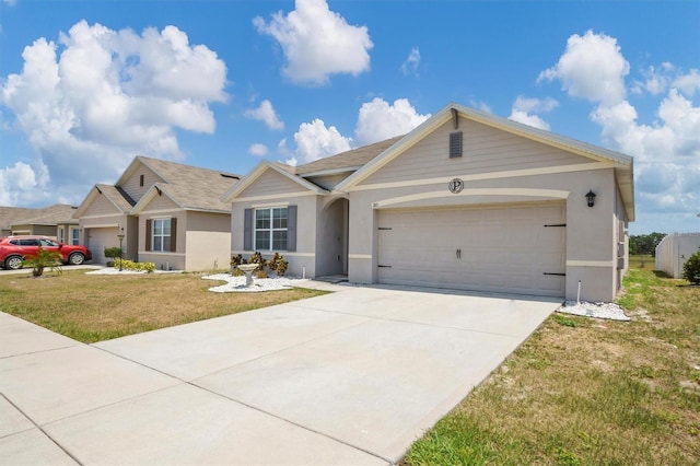 single story home with an attached garage, stucco siding, concrete driveway, and a front yard