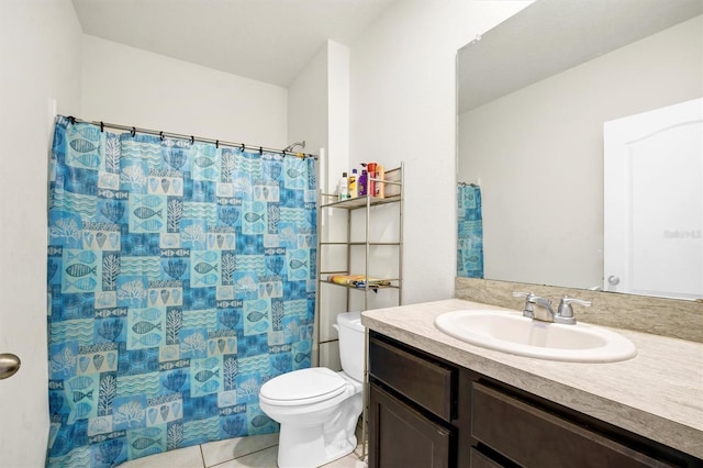 full bathroom with toilet, a shower with curtain, tile patterned flooring, and vanity
