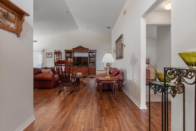 living room featuring wood finished floors and lofted ceiling