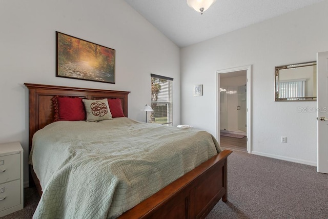 bedroom featuring carpet, connected bathroom, baseboards, and lofted ceiling