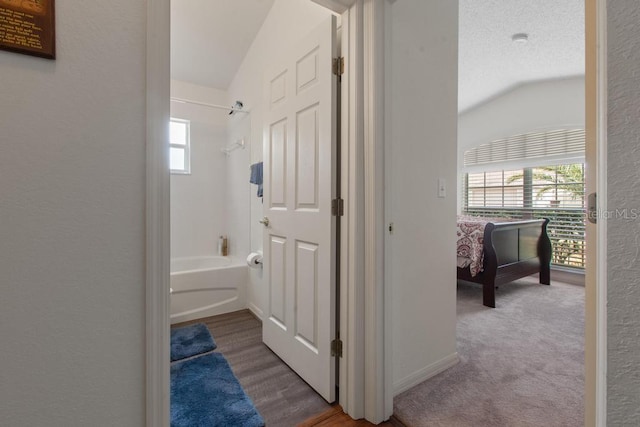 full bath with shower / washtub combination and vaulted ceiling