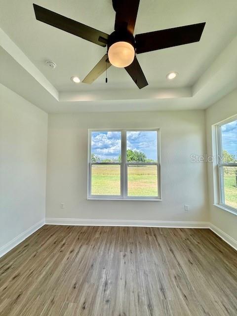 unfurnished room featuring ceiling fan, a raised ceiling, baseboards, and wood finished floors