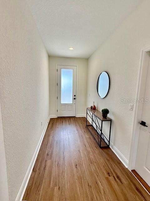 entryway with baseboards and wood finished floors