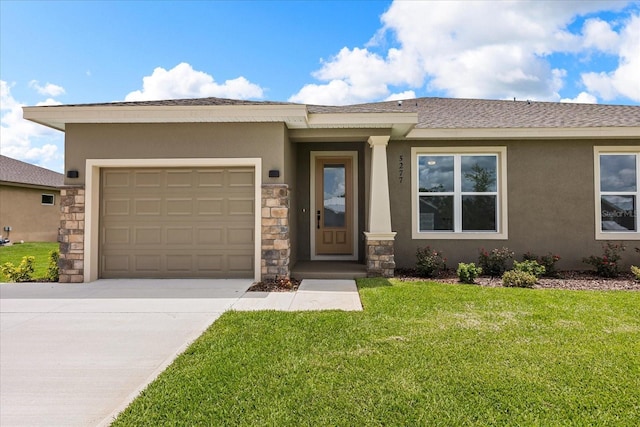 5277 Pebble Beach Dr, Sebring, FL 33872 - view of front of home featuring stucco siding, concrete driveway, stone siding, and a garage