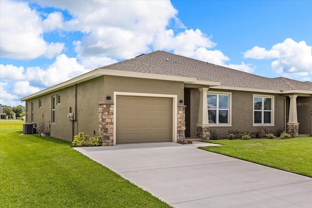 5277 Pebble Beach Dr, Sebring, FL 33872 - view of front facade with stucco siding, an attached garage, driveway, a front lawn, and stone siding