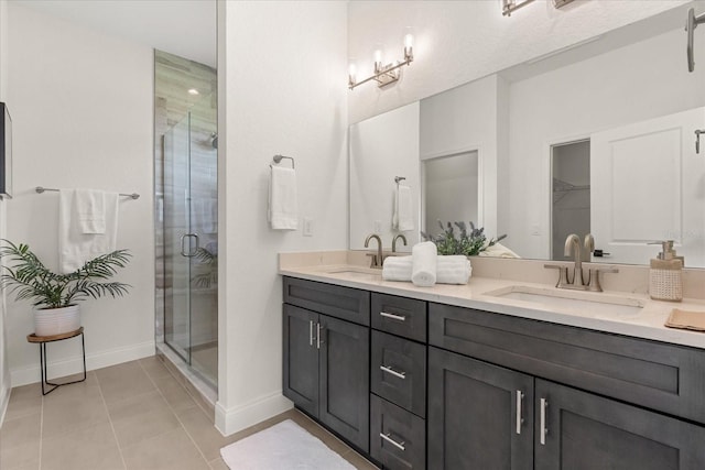 5277 Pebble Beach Dr, Sebring, FL 33872 - full bathroom featuring double vanity, a stall shower, and tile patterned flooring