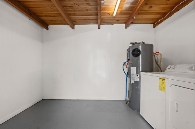 laundry area with wood ceiling, laundry area, water heater, baseboards, and washer / clothes dryer