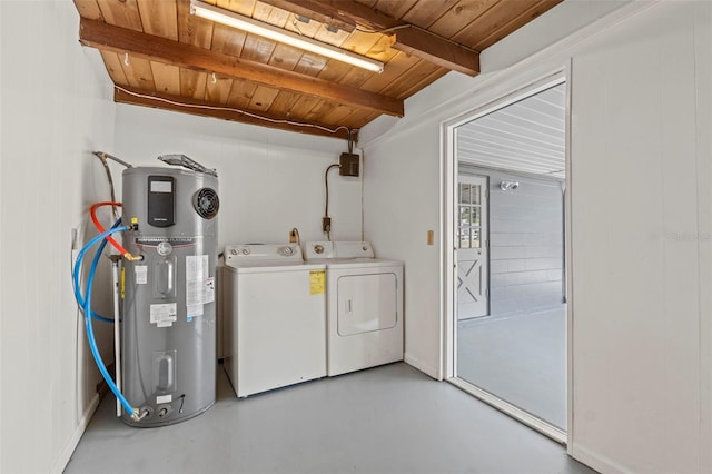washroom featuring laundry area, independent washer and dryer, water heater, and wooden ceiling