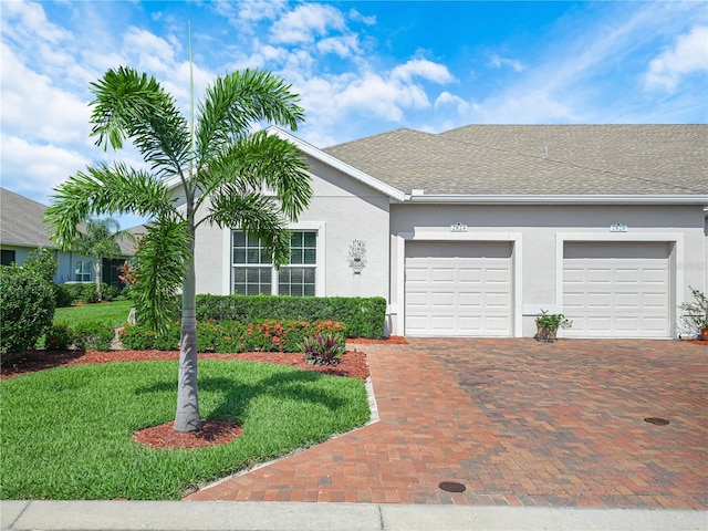 view of front of home with a garage, stucco siding, a front lawn, decorative driveway, and roof with shingles