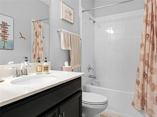 bathroom featuring shower / bath combination with curtain, toilet, and vanity