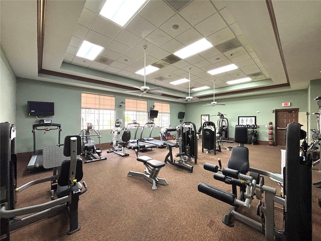 exercise room featuring ceiling fan, a raised ceiling, and a drop ceiling