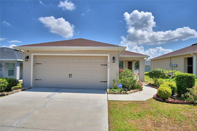 710 Persian Dr, Haines City, FL 33844 - ranch-style house with driveway, an attached garage, and stucco siding