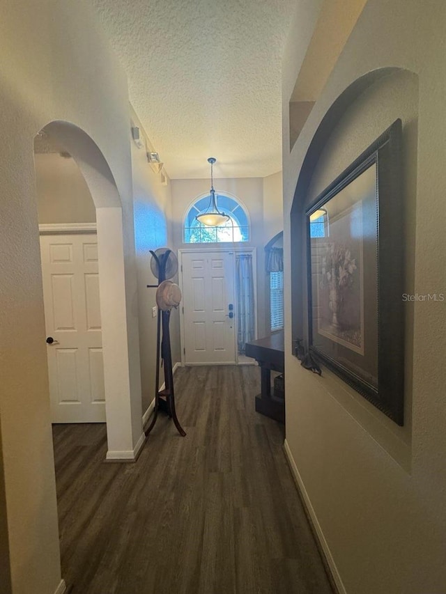 135 Minniehaha Cir, Haines City, FL 33844 - entrance foyer featuring wood finished floors, a textured ceiling, baseboards, and arched walkways