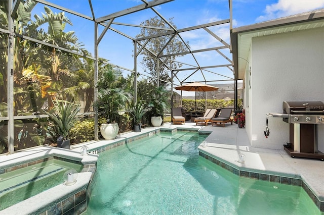 135 Minniehaha Cir, Haines City, FL 33844 - view of pool with area for grilling, a patio, glass enclosure, and a pool with connected hot tub