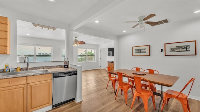 900 Lake Jessie Dr, Winter Haven, FL 33881 - kitchen featuring dishwasher, a sink, a ceiling fan, light wood-type flooring, and recessed lighting