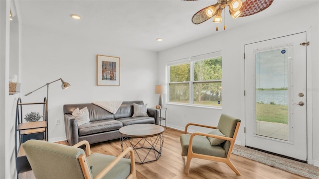 900 Lake Jessie Dr, Winter Haven, FL 33881 - living room featuring ceiling fan, baseboards, wood finished floors, and recessed lighting