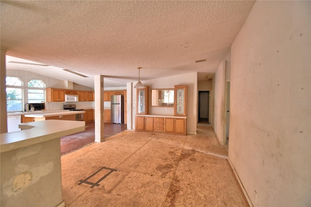 1294 1/2 38th St NW, Winter Haven, FL 33881 - unfurnished living room featuring a textured ceiling and vaulted ceiling
