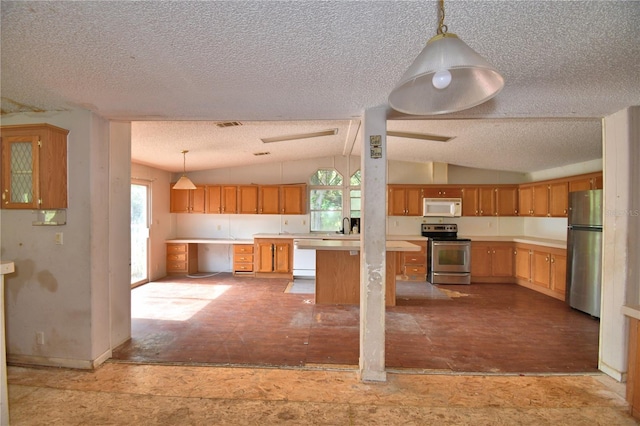 1294 1/2 38th St NW, Winter Haven, FL 33881 - kitchen with stainless steel appliances, plenty of natural light, a textured ceiling, lofted ceiling, and light countertops