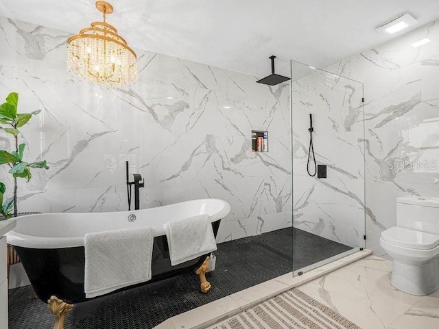 full bath with stone wall, tile walls, marble tiled flooring, toilet, and a marble finish shower