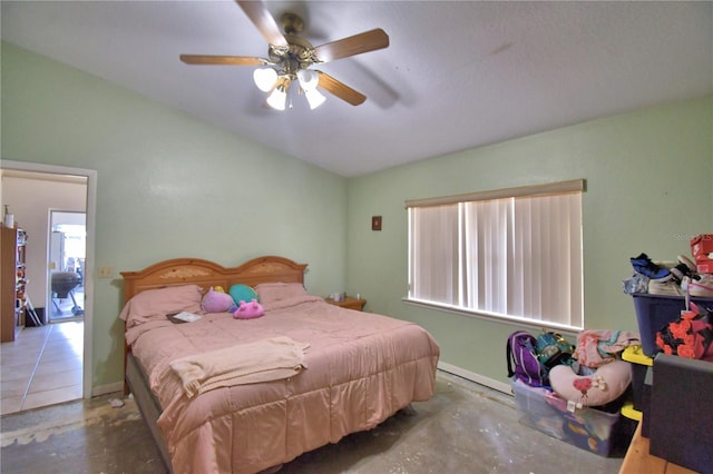 780 Oleander Dr SE, Winter Haven, FL 33880 - bedroom with unfinished concrete flooring, lofted ceiling, and ceiling fan