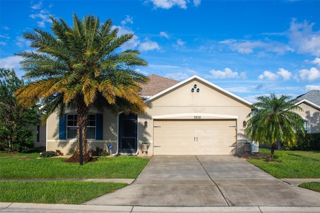 3828 Eloise Estates Ct, Winter Haven, FL 33881 - ranch-style house with stucco siding, driveway, a garage, and a front lawn