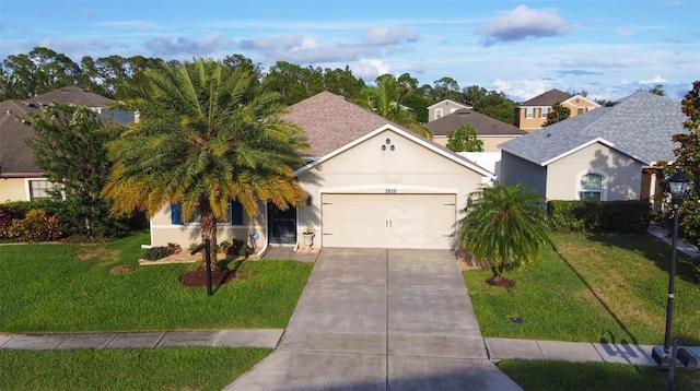 3828 Eloise Estates Ct, Winter Haven, FL 33881 - ranch-style house with an attached garage, concrete driveway, a front yard, and stucco siding