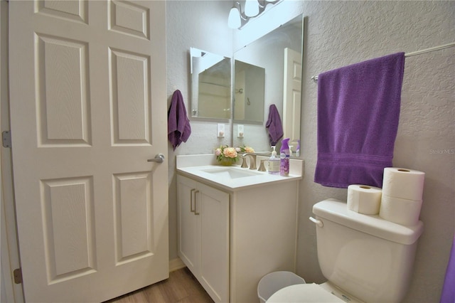 879 Orleans Dr, Eagle Lake, FL 33839 - bathroom featuring a textured wall, toilet, wood finished floors, and vanity