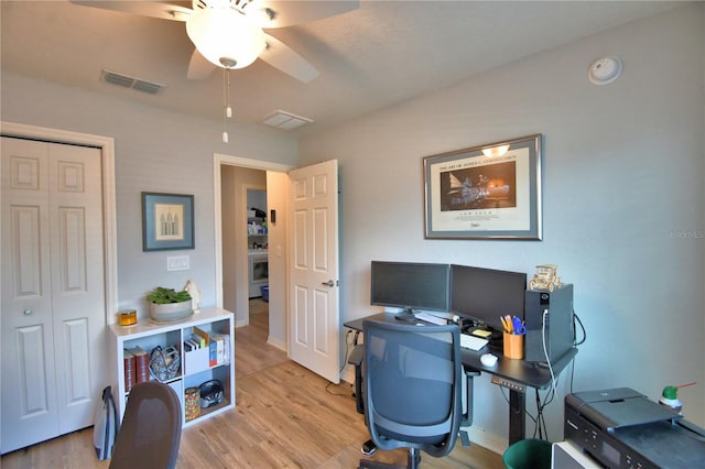 879 Orleans Dr, Eagle Lake, FL 33839 - office featuring a ceiling fan and light wood-style floors