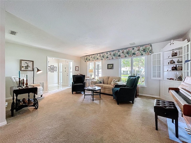 255 Lake Link Rd, Winter Haven, FL 33884 - living room featuring a textured ceiling, light carpet, and baseboards