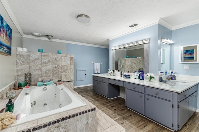 418 N Rd, Lakeland, FL 33809 - bathroom with vanity, a jetted tub, wood finished floors, a textured ceiling, and crown molding